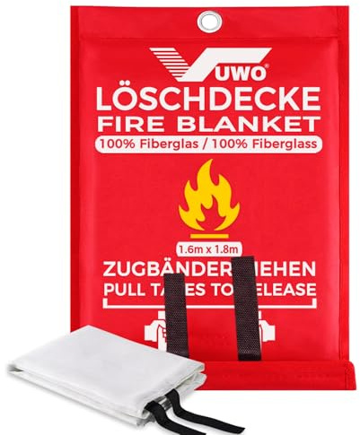 vuwo Löschdecke für küche - Notstand Feuerlöschdecke 1 Packung DIN EN 1869:2019 Glasfaser Sicherheit Brandschutzdecke für Auto Kamin Fettbrände Büro Garage Schule Grill Schweißen (1.6m x 1.8m)
