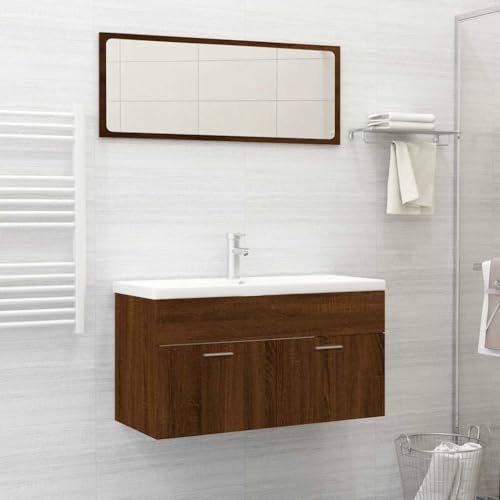 Holamys 2-TLG. Badmöbel-Set Braun Eichen-Optik, Holzwerkstoff, 90x38,5x46 cm, wandmontiert, mit Spiegel, Feuchtigkeitsbeständig