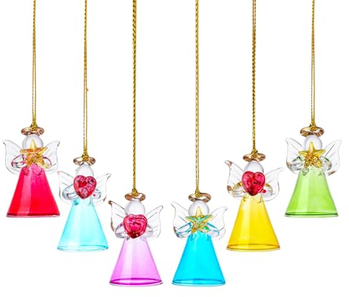 Glas Engel Christbaumschmuck Set, Transparent mit Goldakzenten, 6 x 3 cm, 6 Stück, Weihnachtsbaum Anhänger, Handgefertigte Glasornamente für Festliche Dekoration (Mehrfarbig)