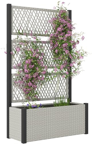 Outsunny Hochbeet mit Rankgitter in Rattan-Optik Pflanzkasten Blumenkasten mit Rankhilfe für Kletterpflanzen Blumenbeet Pflanzkübel Blumenkübel Rankkasten für Garten, Balkon 90 x 35 x 148cm Grau