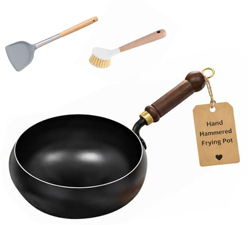 Generisch Japanische Pfanne Gusseisen 20/24/26/28/30 CM, Unbeschichteter Handgeschmiedete Dickwandiger Eisen Wok Induktion Mit Holz-Glasdeckel (Ohne Deckel, 28cm)
