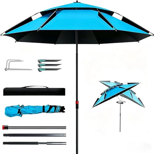 Sombrilla Playa Plegable Ø 160 cm con Estaca para Césped,Sombrilla Terraza Giro de 360°Parasol Jardin Incluye bolsa de transporte,guarda sol protección UV 50 para jardín, terraza o playa (Azul)