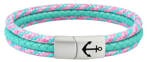 Paris Montana Leder und Segeltau Armband – Materialmix, Ankergravur, Edelstahl-Magnetverschluss – Damen und Herren