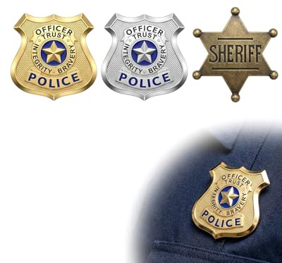 YAPKOLV Placa de Policía - Set de 3 Diseños Realistas para Disfraz, Juego de Rol Infantil y Adulto. Accesorio Ideal para Carnaval, Halloween y Fiestas.