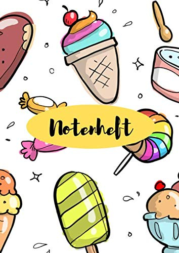 Notenheft: 65 Seiten & GROßE LINEATUR / breite Linien mit Essen / Süßigkeiten - Din A4- mit jeweils 8 Systemen (blanko / leer) - gebundener Notenblock ... Schule (Lehrer / Musik Unterricht) - günstig
