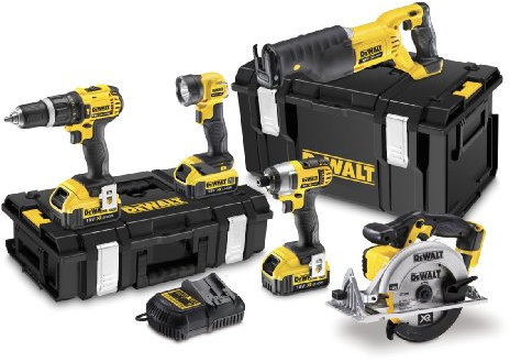 Kit 5 outils DEWALT 18 V et 4 Ah Li-ion - Perceuse + visseuse +scie sabre + scie circulaire + lampe - DCK591M3