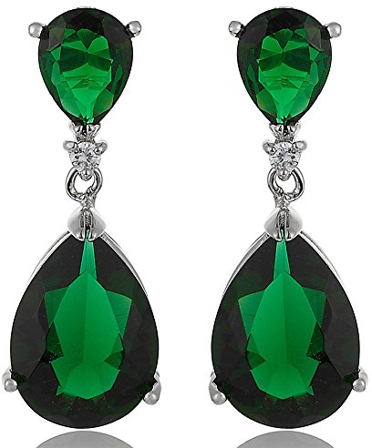 [RIVA CELEBOX] TRÄNE Gestochen Ohrhänger Ohrringe mit Tropfenschliff Edelstein Zirkonia CZ [Grün Smaragd] in 18K Weißes Gold Vergoldet, Promi inspiriert von Angelina Jolie
