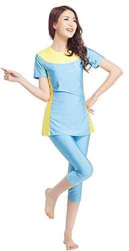 TianMaiGeLun Muslimische Bademode Badeanzug Full Cover Bescheidene Badebekleidung Modest Muslim Swimwear Beachwear Burkini Kurzarm Tops und Hose 2-Teilige Modest Bademode Sets (Hellblau, XL)