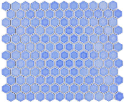 Keramik Mosaik Hexagon blau glänzend für WAND KÜCHE Wandverblender Verkleidung | 10 Matten