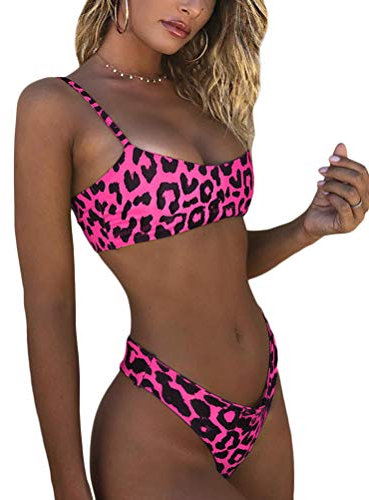 Yesgirl Donna Costume da Bagno Due Pezzi Costumi da Mare Swimwear Stampa Leopardo Bandeau Push Up Sexy Bikini Set Spiaggia Beachwear C-Rosa Small
