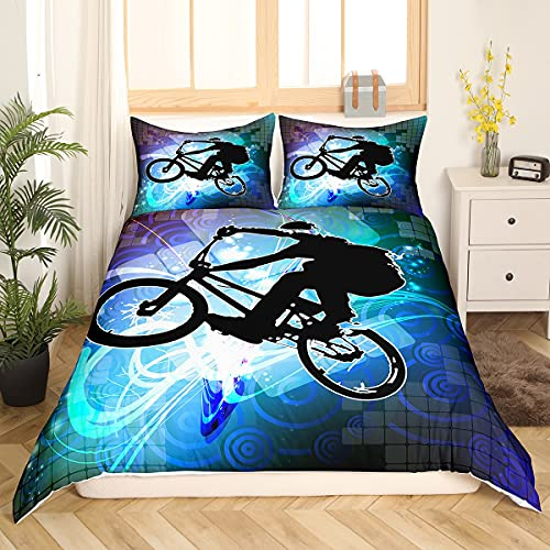 Loussiesd Kinder Teenager Bettwäsche Set Fahrrad Dirt Bike Muster Bettbezug Set Extremsportdesign Betten Set für Kinder Mädchen Jungen Dekorative Modern Cool 2-teilige Bettwäsche 135x200cm