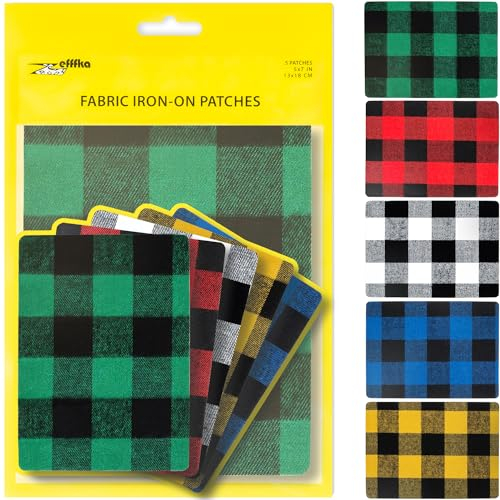 ZEFFFKA Premium Quality Large Plaid Tartan Fabric Iron-on Patches Inside & Outside Strongest Glue 100% Cotton Repair Decorating Kit Jeans Modern Cool Design 5 Pieces Size 5 by 7 (13 cm x 18 cm)