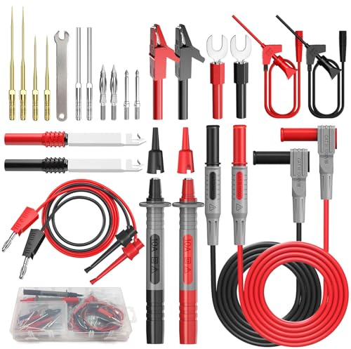 Cleqee 25 Stück Silikon-Multimeter-Messleitungen mit austauschbarem, vergoldetem, scharfem Präzisions-Messfühler, Krokodilklemmen, Messhaken und Prüfspitzen zum Durchstechen von Leitungen