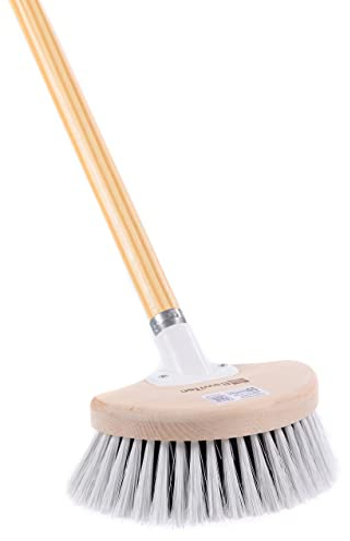 BawiTec Fensterwascher Waschbürste Halbmond-Form 20cm inkl. lackiertem Holzstiel 120cm weiche Kunstfaser-Borsten Wascher mit Stiel für Fenster,Türen,Auto,Caravan,LKW etc.