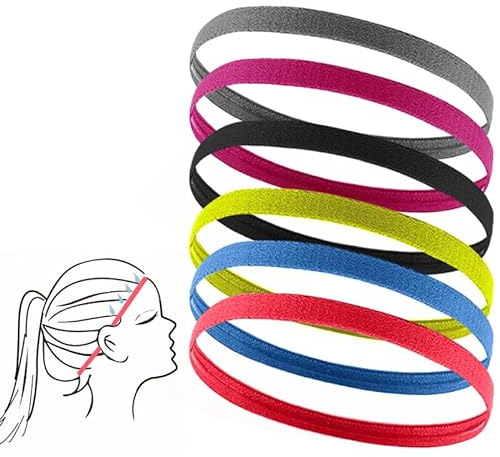 Sport Sottili Fascette Capelli, 6 Pezzi Fascette per Capelli che Assorbono il Sudore, Fascette Capelli Donna, Fascette Capelli Uomo, Fasce per Capelli Adatte per Corsa, Yoga, Danza e Altri Sport