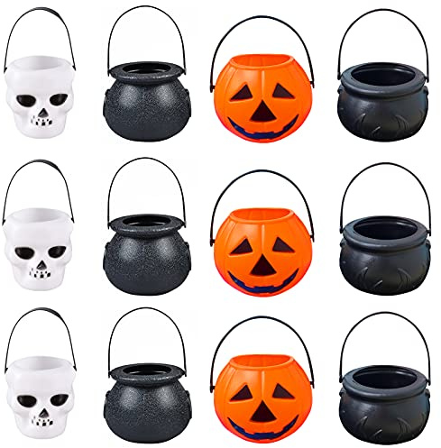 TaimeiMao Mini Halloween Eimer, 12 Stück Hexenkessel Klein, Halloween Kürbis Eimer, Hexenkessel Schwarz, Halloween Hexe Wasserkocher, Wasserkocher Schädel Kürbis Geist, Eimer Halter Dekor für