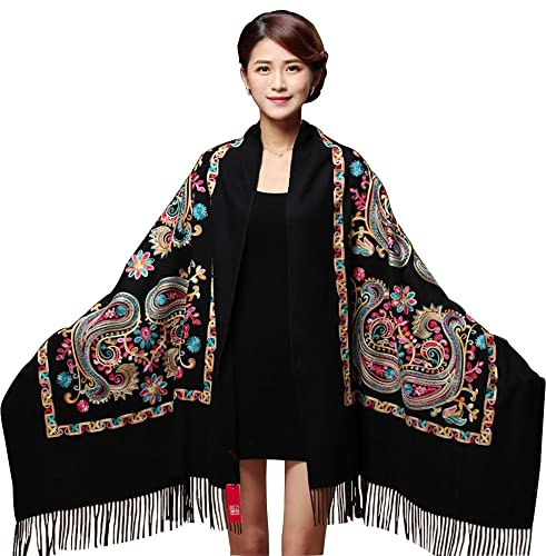 Qingzhuan Damen Schals - Warme Schals mit Quasten, Multicolored, Geblmt, Kaschmir, Polyester, Wolle, Mischung, bergre 72 x 180 cm, Universell in allen Jahreszeiten, Handwsche, Pflegeleicht, Langlebig
