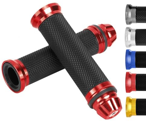 Puños de Moto, Puños para Moto Universal empuñadura, Empuñaduras para Manillar de Motocicleta, Manillar estándar de Motocicleta, Mango de Goma de Aluminio CNC para Manillar de 7/8 Pulgadas (Rojo)