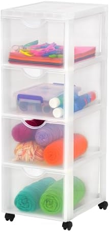Iris Ohyama Kunststoff-Schubladenbox mit Rollen, 4 tiefen Schubladen, Mattweiß, Griffe zum Ziehen, Für Schlafzimmer, Schule & Büro, BPA-frei, Schubladenschrank, Rollcontainer, A4 Drawer, DDDC-304