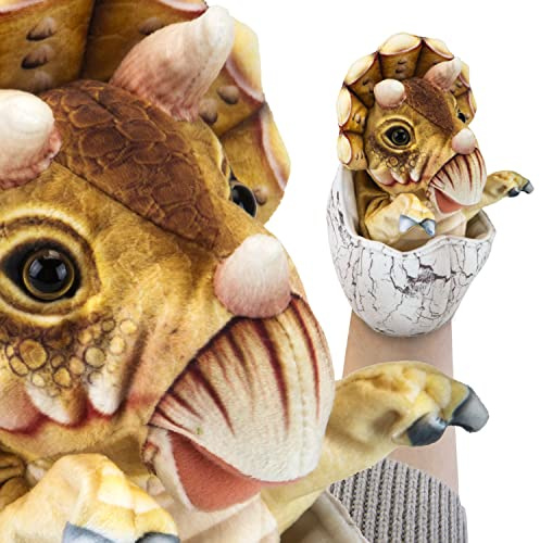VFM - Triceratops Egg Hand Puppet 23cm Toy - Highly Detailed & Super Soft Brown Fabric Stuffed Animal Realistic Dino Hatchling Cuddly Plush - Natural World