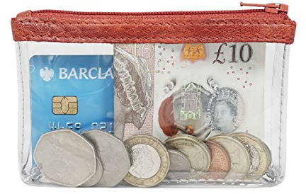 ASSOTS Porte-monnaie transparent transparent avec fermeture éclair sur le dessus et garnitures en cuir pour femme, Rouge, Pochette à monnaie