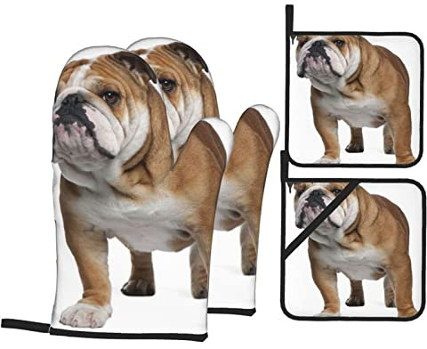 Hitzebeständige Ofenhandschuhe und Topflappen, 4er-Set, Englisch-Bulldogge, bedruckt, rutschfest, wasserdicht, zum Backen, Kochen, Grill, 4 Stück