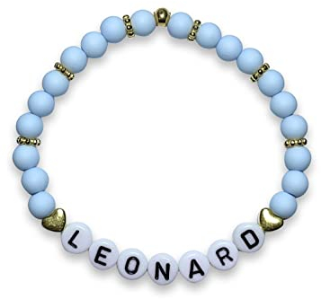 Majas Perlen Armband mit Name Hellblau Gold Acryl 6mm - echte Edelsteine Rosenquarz Labradorit Amazonit uvm. Namensarmband Geschenk Lieblingsmensch - Handmade Personalisierbar
