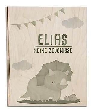 Personalisierte Zeugnismappe aus Birkenholz - Individuelles Geschenk zur Einschulung mit Namen - DIN A4 - Zeugnisringbuch Mädchen & Jungen - hellomini (Dino grün)