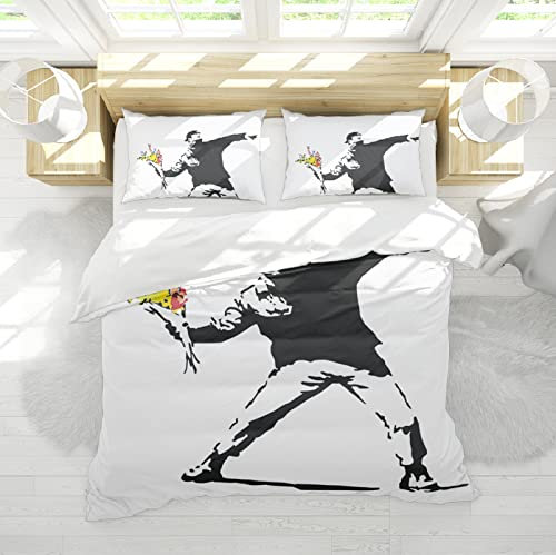 HengYun ART Banksy Graffiti Bettwäsche Bettbezug Set Junge Wurfblume Atmungsaktive weiche Bequeme Bettbezüge mit Reißverschluss für alle Jahreszeiten 135x200cm