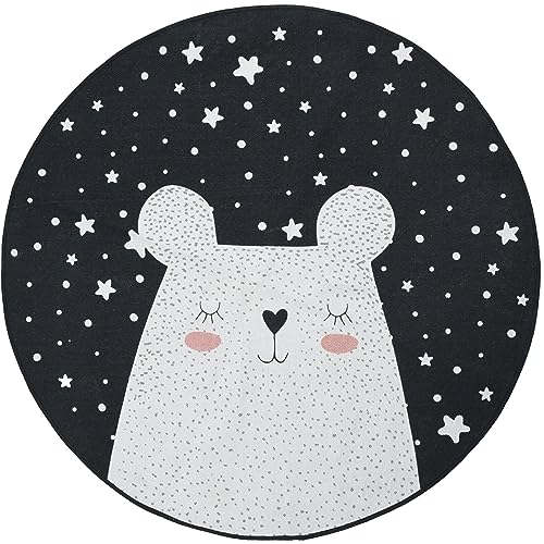 Primaflor - Ideen in Textil Moderner Kinderteppich Wonderland - Bär, Rund Durchmesser 120 cm, 100% Baumwolle Spielmatte Grau-Weiß, Runder Teppich für Kinder- und Spielzimmer