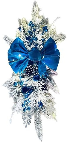 Tuelaly Ghirlanda natalizia per scale con luci a LED, festone festivo per decorazioni natalizie, include palline colorate a pigna, bacche, fiocco, ghirlande, anelli in rattan, ghirlanda blu 45 cm