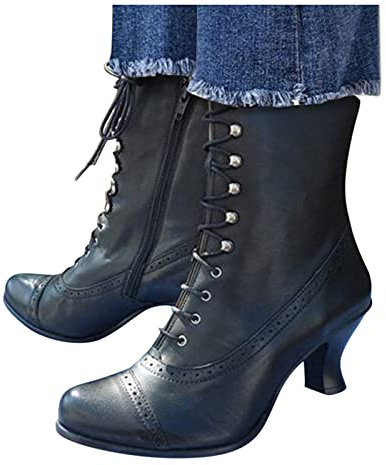 Botines para mujer con tacón, estilo victoriano, vintage, gótico, con cordones, de piel, clásicas, de media caña medieval, retro, para boda, Oktoberfest