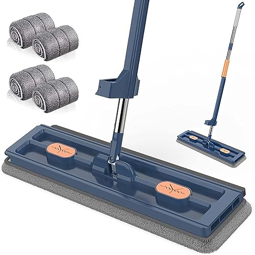 BESTXH Trapeador Manos Libres De 42 Cm, Trapeador Plano Grande, Trapeador De Microfibra, Trapeador Giratorio De 360 ° con Raspador De DeshidratacióN, Uso En Seco Y HúMedo,Azul,4 Pads