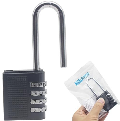 TAOSHENG Long Shackle Combination Padlock, 4-Digit Combination Metal Long Code Lock for School Gym Gate Fence Outdoor Hasp Toolbox Storage Locker, Black 1 Pack