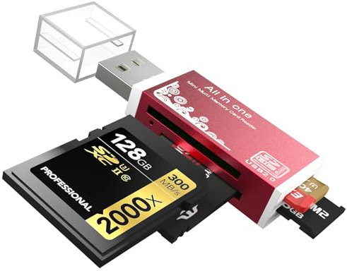 Wansurs Micro SD Card Reader, 4-in-1 SD Card Reader to USB Adapter, Memory Card Reader for MS Duo/Pro, M2 Card, SDXC, SDHC, MMC, RS-MMC, Micro SDXC, Micro SDHC and TF Card (1Pack Red)