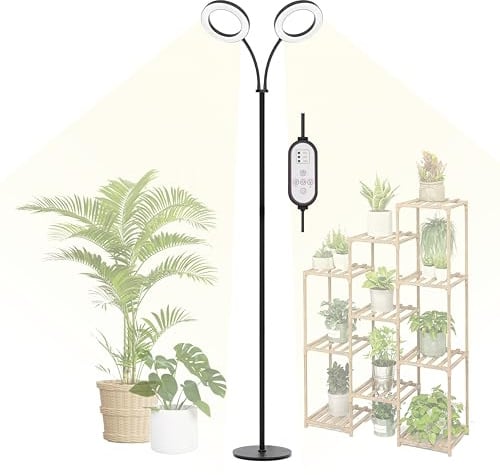 Geciliaoran Grow Light for Indoor Plants, 2-Head Full Spectrum LED Tall Plant Lights with Timer, 3 Color Modes Standing Floor Growing Lamp, 70 Height Adjustable, 10 Dimmable Levels for Large Plants