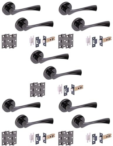 HANDLEZONE® 5 Sets Zena Internal Door Handles on Rose Lever Latch Packs with Ball Bearing Hinges - Black Nickel