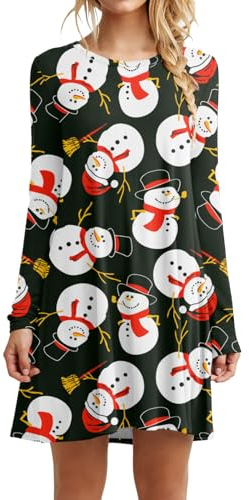 Damen Kleid Weihnachten Lässiges Fließendes Einfaches Swing-T-Shirt-Kleid für Damen Lockeres Tunika-Kleid Casual Kleider Damen Weihnachtskleid Damen Weihnachten Rot Weinglas Druck Partykleid
