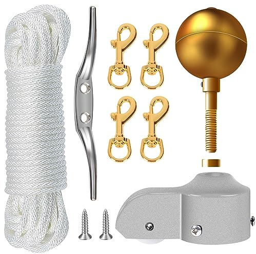 NQ Fahnenmast Zubehör Set,Fahnenmast Reparaturset,Fahnenmast-Reparaturteile inkl.Kugel,Seil,Karabiner, Klampe,Topper aus Aluminium mit Seilrolle Flag Parts(Gold)