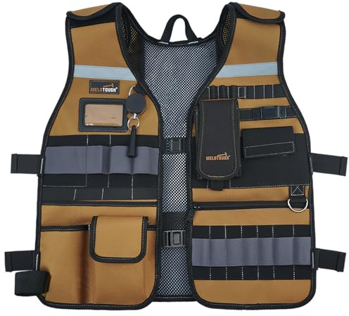 MELOTOUGH Tool Vest for Men Reflective Safety Tool Vest with Removable Phone Holder,Retractable Pen Holder for Electrician,Construction,Carpenters,Handyman(Khaki)