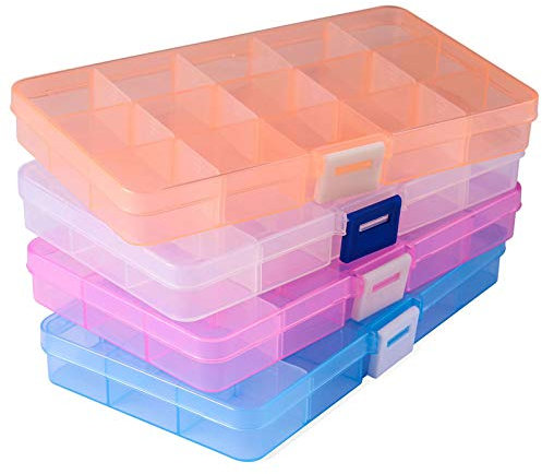 Opret 4 Pcs Bead Storage Box, 15 Grids Plastic Jewellery Organisers Small Containers with Adjustable Dividers Multicolour Compartment Craft Case, Size 17x9.5x2cm