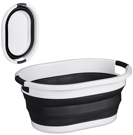 Relaxdays Cesto Portabiancheria Pieghevole, 36 Litri, Contenitore Salvaspazio in Plastica con Impugnature, Nero Bianco