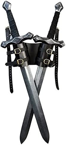 Schwerthalter, mittelalterlicher Retro-Doppel-Katana-Scheide-Schulter-Rücken-Scheidenhalter, verstellbares Leder-Schnallenriemen-Holster für Krieger-Cosplay, Schwarz