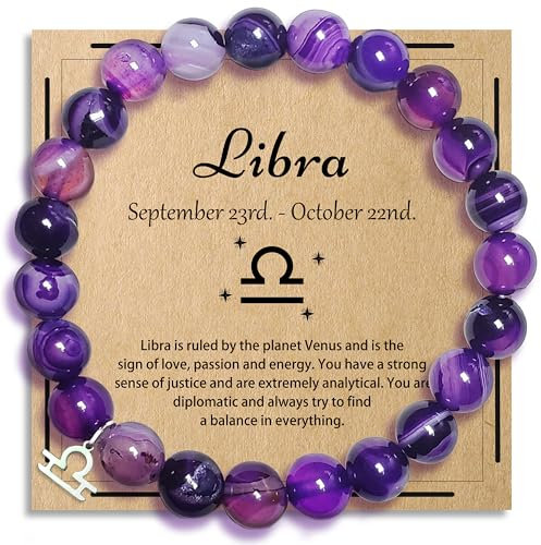 ZCCLINN Libra Bracelets Birthday Gifts, Zodiac Astrology Bracelets Present for Women, Horoscope Libra Constellation Crystal Purple Unique Jewelry with Wish Card for Mom Friend Lady