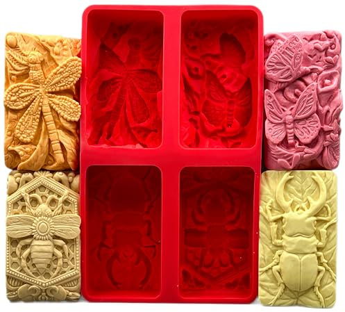 Lot de 4 moules à insectes en silicone : abeille, scarabée, libellule, papillon pour la fabrication de savon, bougies, résine et autres travaux manuels