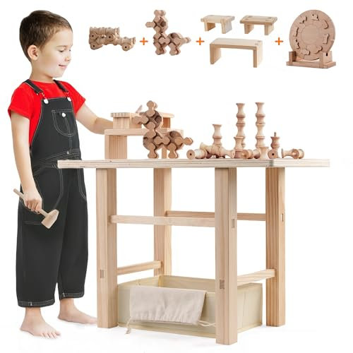 Edyfico TGZ101, 5 in 1 Kids Workbench, Large Wooden Kids Tool Bench Set with 4 Sets Montessori Toys, Thicken Durable Tool Bench for Children Age 2-8, Workstation Pretend Play Toys gift for boys girls