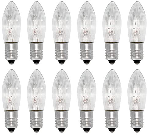 Caldarax 10 Stück E10 12V 3W Ersatzlampen Glühbirnen Topkerze Riffelkerze Spitzschaftkerze, Warmweiß 2700K, 30LM, Klar Kerze, für Weihnachtsbaum, Lichterketten, Schwibbogen