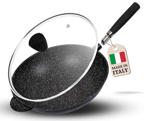 PENTOLPRESS Granit Wokpfanne mit Deckel (32 cm) – Wokpfanne für Induktion – Super kratzfeste Wokpfanne – Antihaft Wok made in Italy – Wokpfanne Induktion mit abnehmbarem Griff