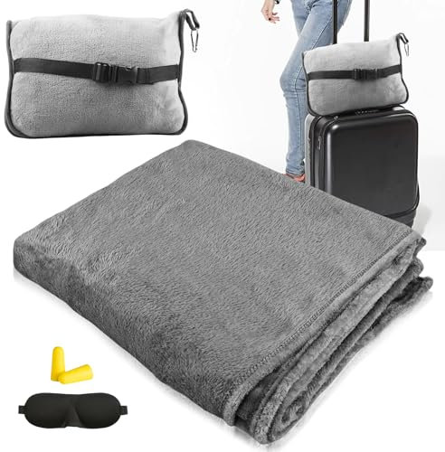 HOSPAOP Coperta da viaggio per aereo, cuscino da viaggio 2 in 1, coperta portatile per aeroplani (127 x 152 cm) con maschera per dormire e tappi per le orecchie, cuscino da viaggio per viaggi, treno