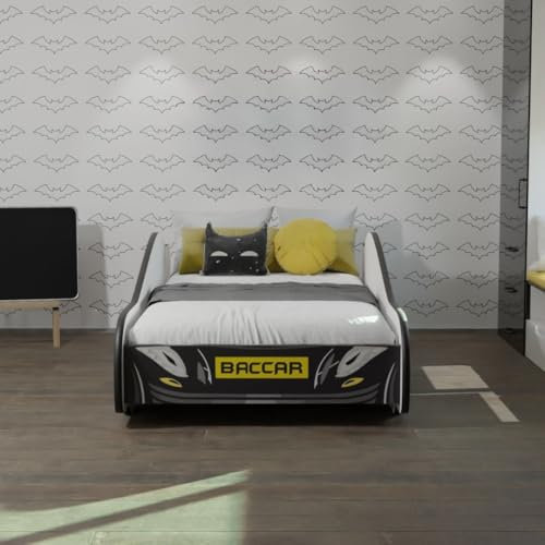 KOBI | BATCAR Kinderbett | Superheld | Für das Kinderzimmer | Autobett für Jungen | Set mit Matratze und Gestell (140x70)